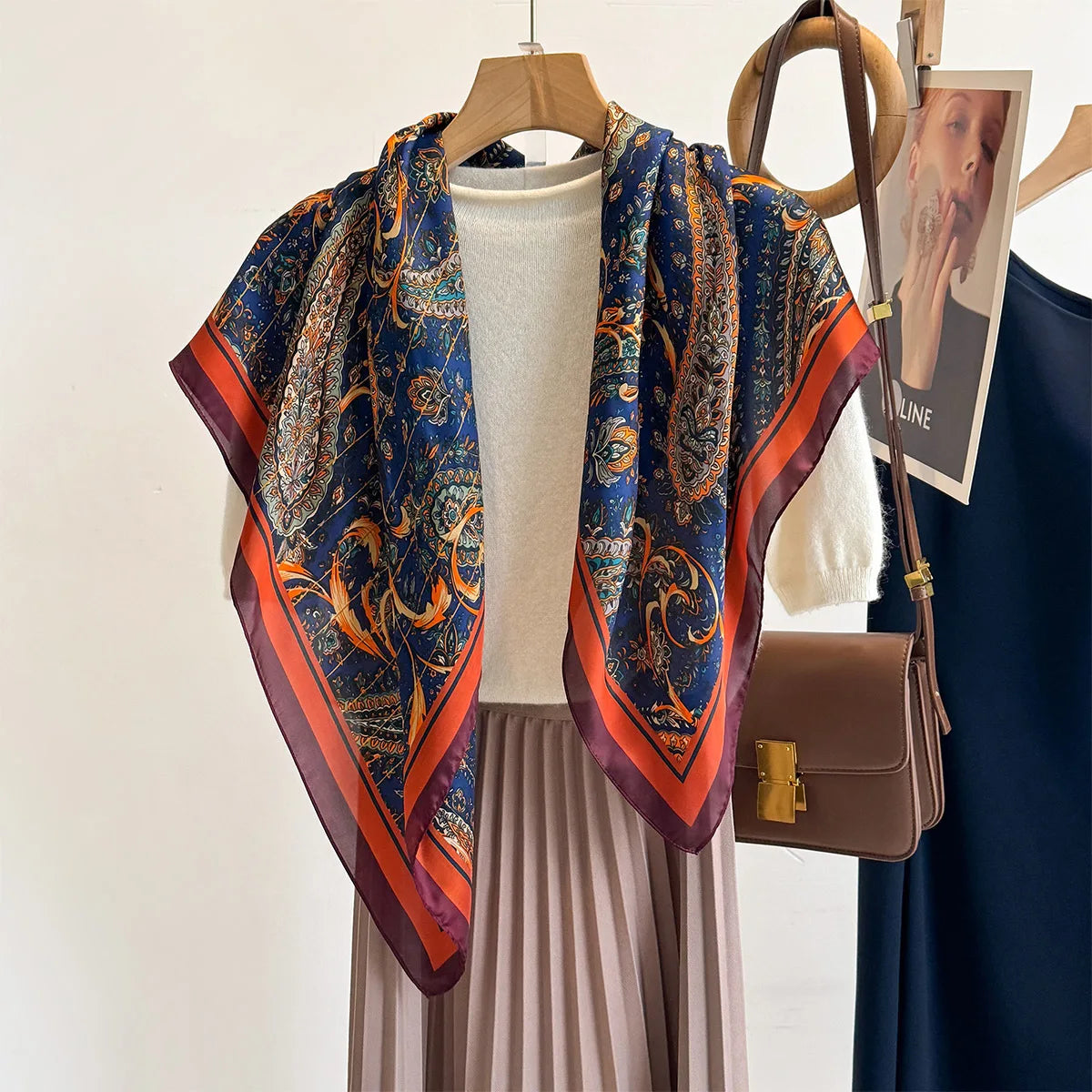 New 90cm Square Scarf Retro Cashew Floral Print Silk Scarfs Women Foulard Headscarf Summer Shawl Hijab Bandana Neck Head Scarf