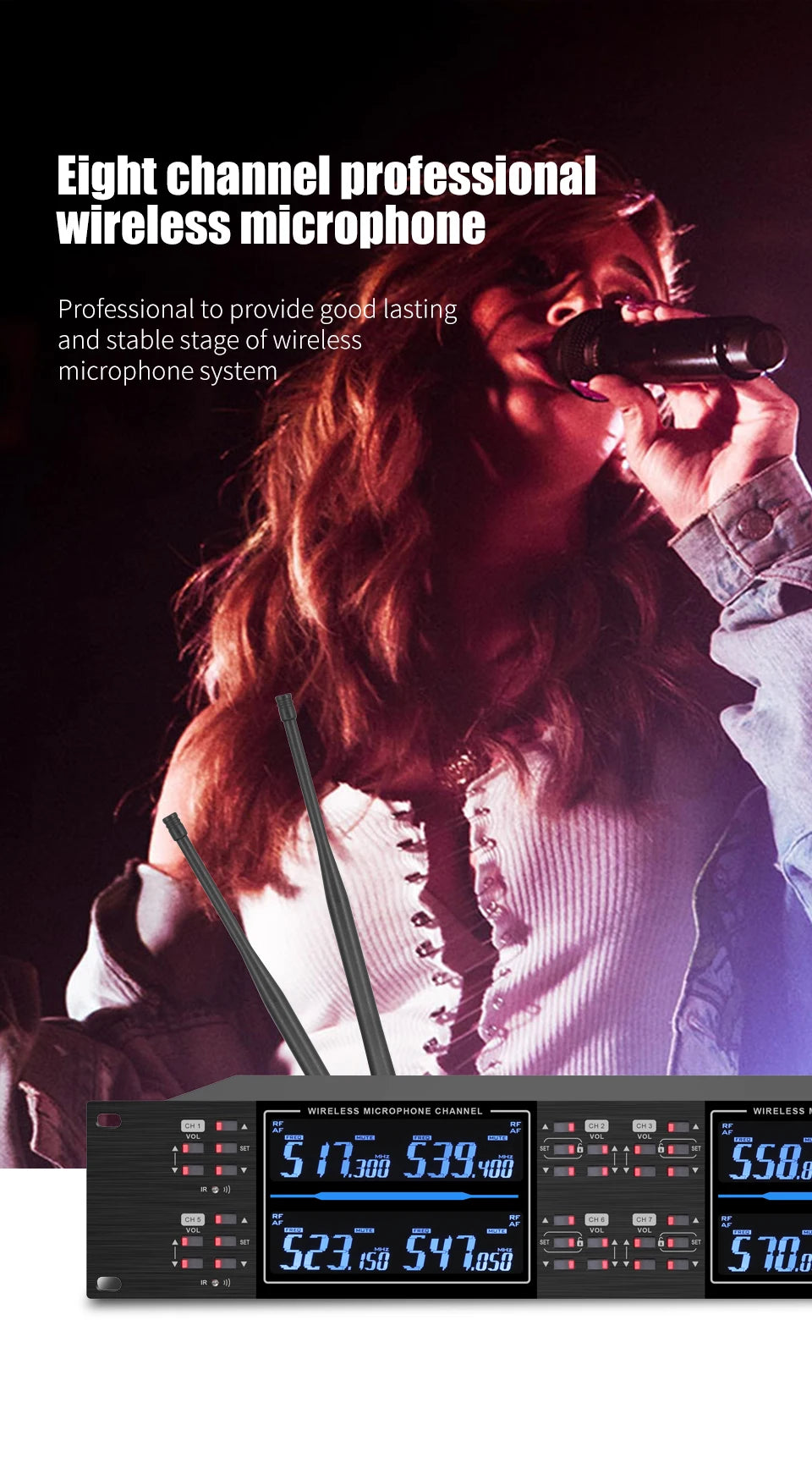 Professional wireless microphone high-frequency, handheld karaoke lavalier microphone, 8-channel stage performance