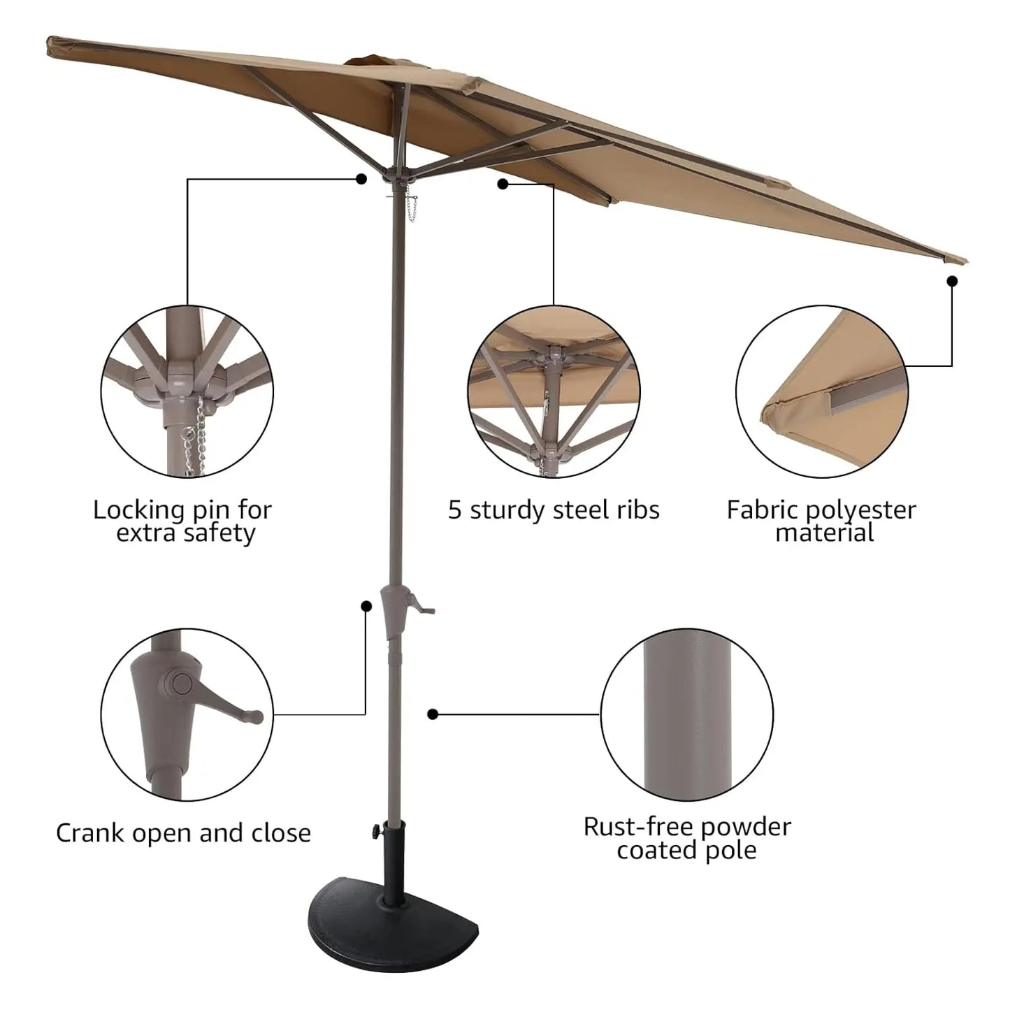 7.5’ by 4’ Half Rectangular Outdoor Patio Umbrella with Base Included, Perfect for Balcony, Garden, Deck, Customized