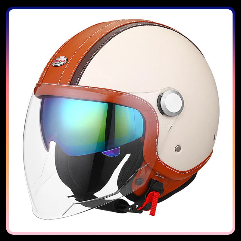 DOT Open Face Motorcycle Helmets Double Visor Retro Jet Helmet Leather Vintage Men Women 3/4 Open Half Helmet with Inner Lens