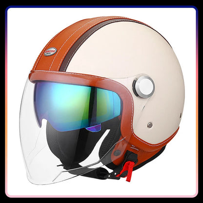 DOT Open Face Motorcycle Helmets Double Visor Retro Jet Helmet Leather Vintage Men Women 3/4 Open Half Helmet with Inner Lens
