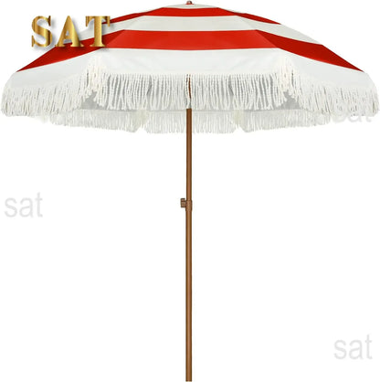 #For 7ft Patio Umbrella with Fringe Outdoor Tassel Umbrella UPF50+ Premium Steel Pole and Ribs Push Button Tilt,  Gazebo&
