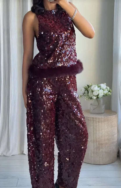Chic Sequin Sleeveless Top Pants Set Women Faux Fur Patchwork Tops High Waist Straight Trousers Sets Lady Party Street Outfits