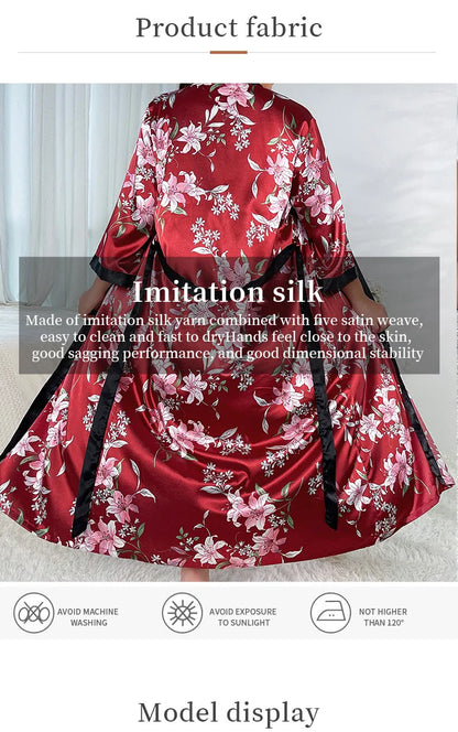 Plus Size Women's Satin Like Nightgown Fashion Long Maxi Sleep Dress100kg Floral Print Loose Fit Robe for Curvy Girls Loungewear