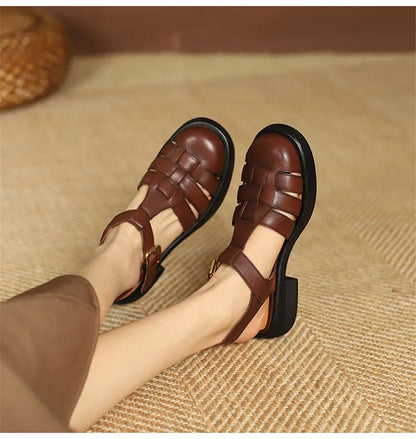 2023 Women Sandals Retro Genuine Leather Luxury Roman Sandals Casual Buckle Strap Summer Shoes GLADIATOR Thick Heel Women Shoes