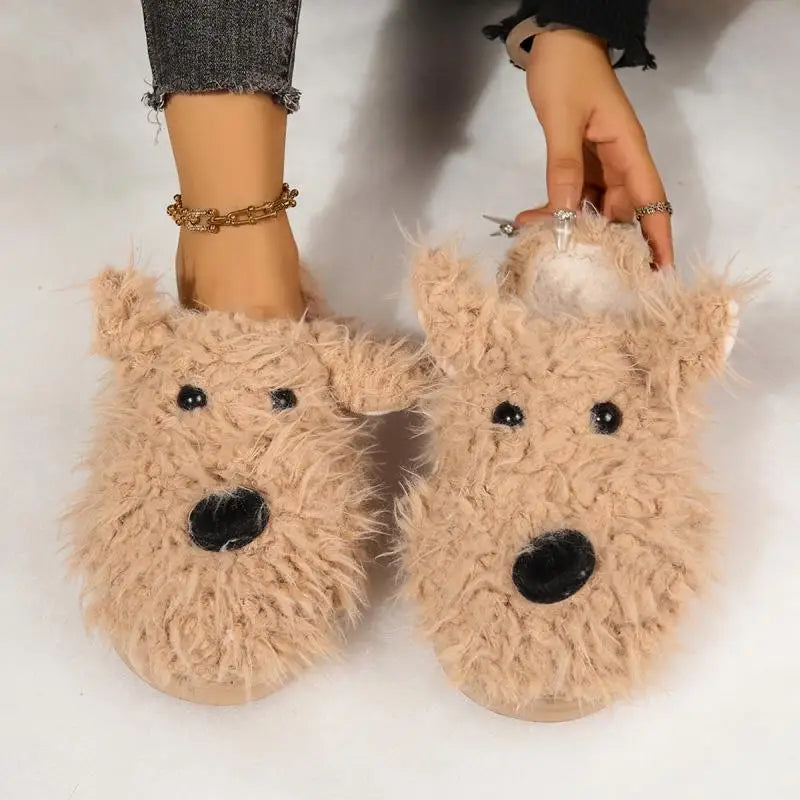 Cartoon Puppy Fluffy Fur Indoor Slippers Women 2025 Winter Thick Bottom Furry Mules Slippers Warm Plush Home Slides for Womon