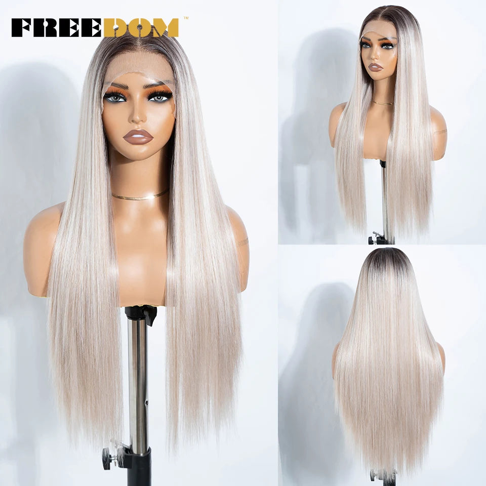 FREEDOM 13X4 Pre Plucked Synthetic Lace Front Wigs For Black Women Natural Hairline Straight 30 Inch Ombre Brown Wig Daily Use