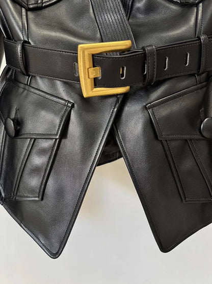 2025 new luxury and fashionable women's clothing belt slim fit leather jacket with multiple pockets motorcycle jacket jacket