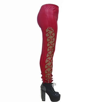 Women PU Leather Skinny Slim Trouser Gothic Punk Leggings Fishnet Trim Lace Pant Faux PU Leather Pencil Pants Club Clothing