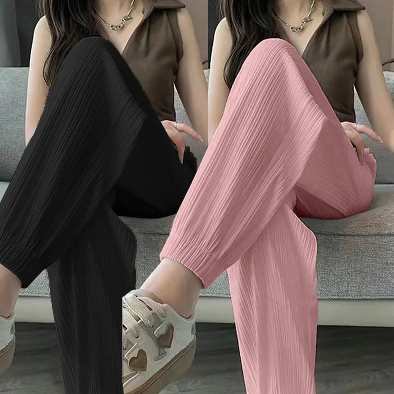 Ice Silk Casual Wide Leg Harem Pants Trousers Solid Elastic Waist Women Clothing Sweet Streetweat Summer Ankle-Length Pants New