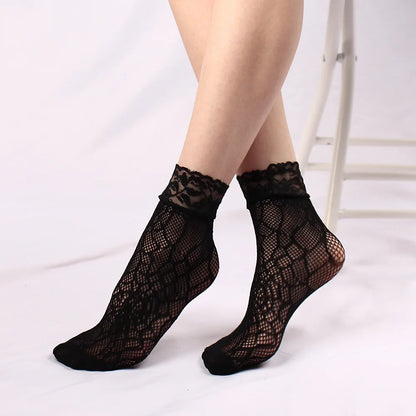 5 Pairs Lace Women Mesh Socks Summer Elastic Transparent Ankle Socks Vintage Lolita Women Versatile Fishnet Net Black Sock