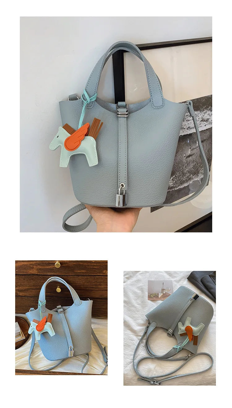 Popular and popular lychee patterned mother and child bucket bag for women, 2025 new casual retro handbag, casual commuting bag