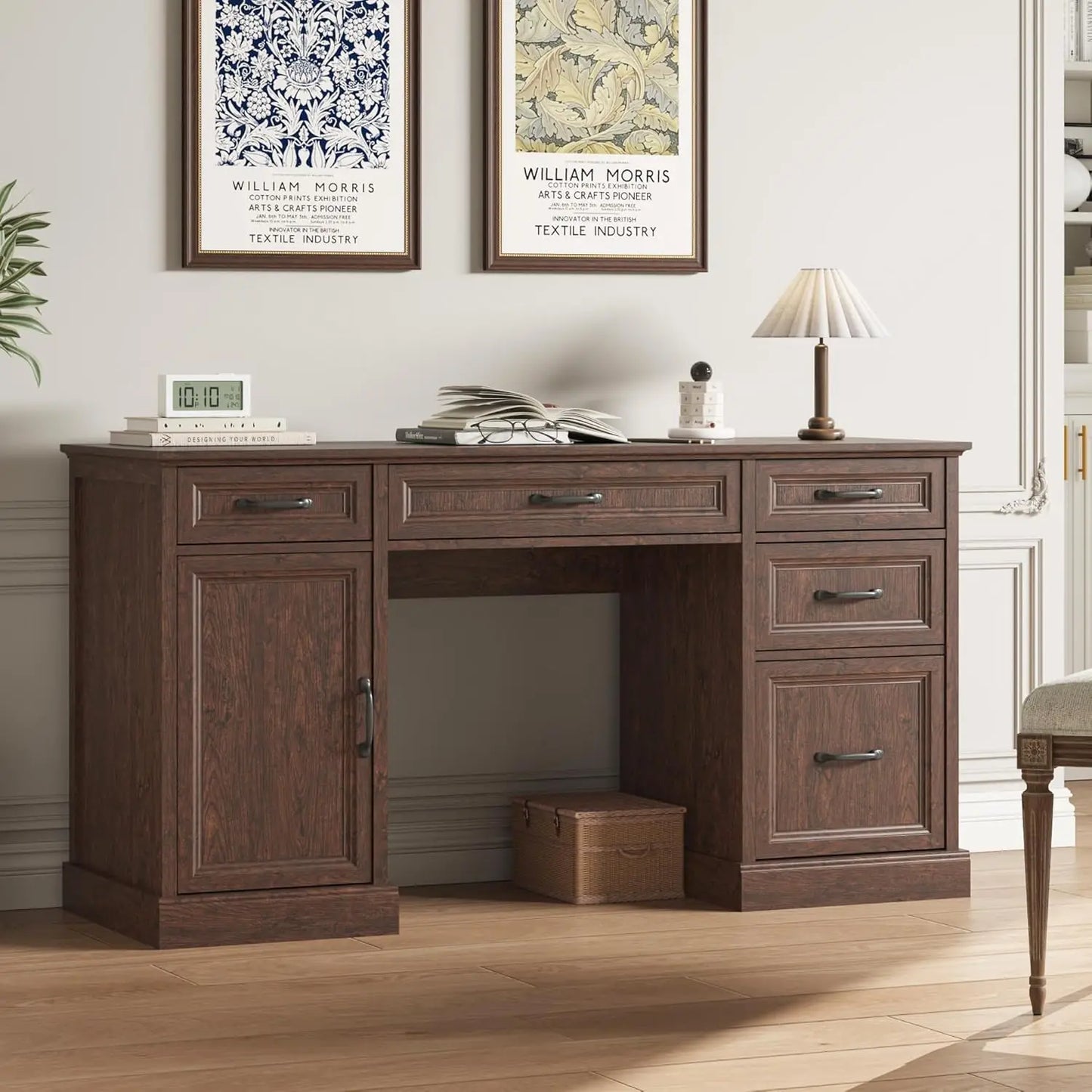 58'' Farmhouse Executive Desk with Drawers, Home Office Desk with File Drawer and Storage Cabinet, Rustic Computer Desk