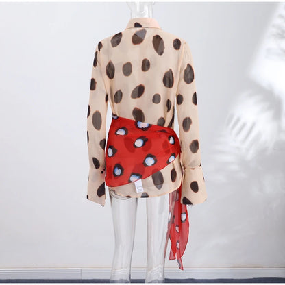 2026 Women Chic Vacation Outfits Fashion Leopard Print Sheer Chiffon Shirt Casual Turn-down Collar Mini Dress & Detachable Scarf