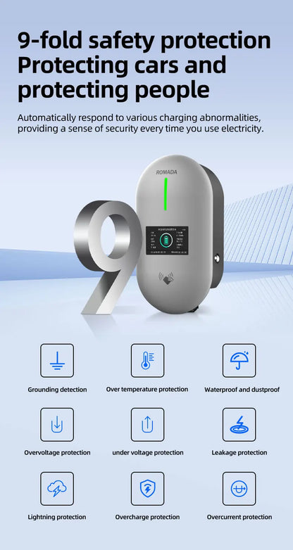 ROMADA EV Charging Station 32A Electric Vehicle Car Charger EVSE Wallbox Wallmount 7KW Type2 Cable IEC62196 Bluetoo APP Control