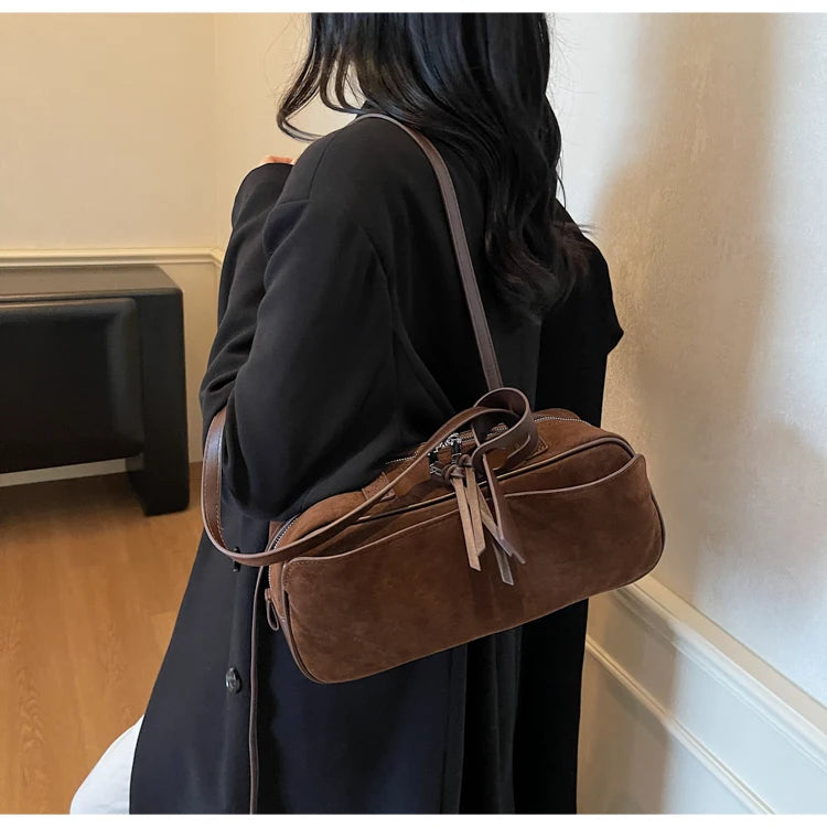 Retro Red Suede Wedding Shoulder Bag Luxury Designer Women Versatile Underarm Bags Elegant Female Large Capacity Handbags