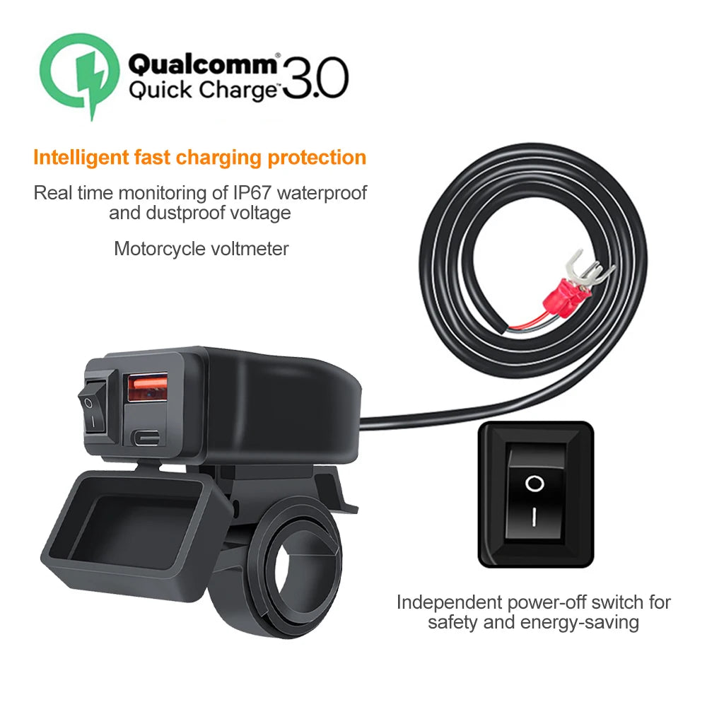 60W QC3.0+PD Motorcycle Handlebar & Rear Mirror With Digital Voltmeter Thermometer USB Socket Fast Charger Phone Power Adapter