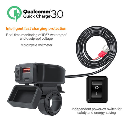 60W QC3.0+PD Motorcycle Handlebar & Rear Mirror With Digital Voltmeter Thermometer USB Socket Fast Charger Phone Power Adapter