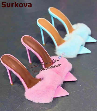 Surkova Sky Blue Black Luxury Fur Embellished Sandals Suede Thin High Heel Slippers Steel Tip Toe Slip-on Evening Shoes Size46
