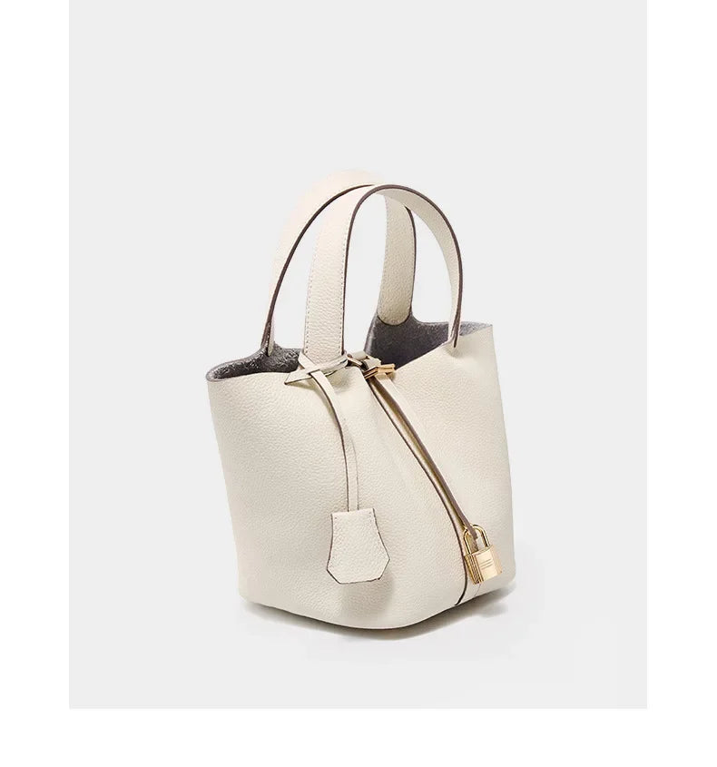 Genuine Leather Shoulder Bucket Bag Women Litchi Pattern Mini Basket Tote Soft Handbag Mommy Bride Wedding Bags with Lock