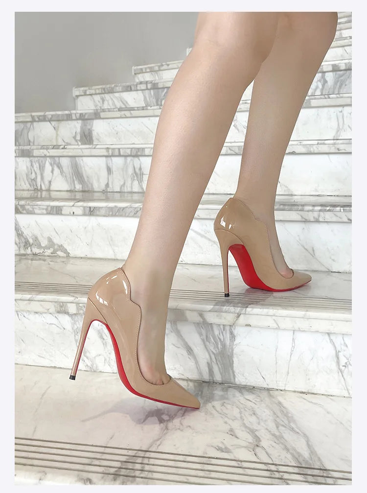 Black Curl Upper Women Patent PU Pointed Toe Stiletto 12cm High Heels Sexy Ladies Party Dress Shoes Club Dance Women Pumps