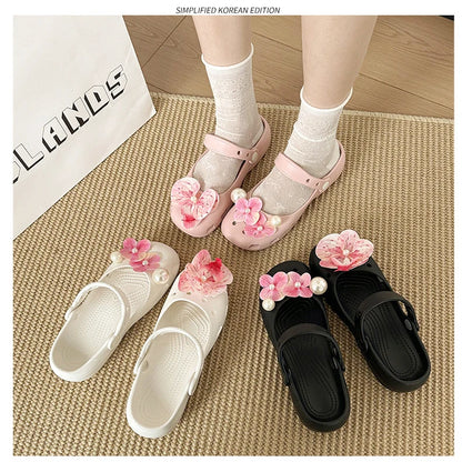 Clogs Summer Slippers Women Luxury Pearl Metal Flower Mary Janes Designer Ballet Shoes Girls Corc Charms Sandals Indoor Outdoor