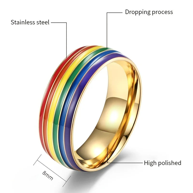 Rainbow Flag Homosexual Titanium Steel Ring 18K Golden Plated Lesbian Ring