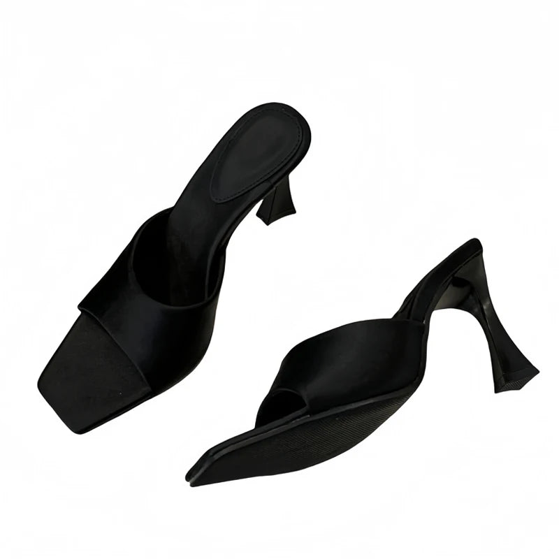 Liyke High Quality Cozy Silk Wide Square Toe Women Slippers Sandals Strange Heels Mules Slides Summer Party Dress Shoes Brown
