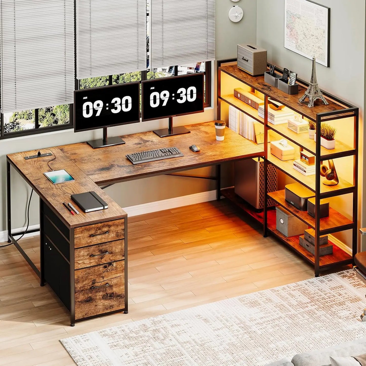 Reversible U-Shaped Office Desk with Storage, Drawers, Power Outlet & LED Lights for Gaming and Home Office