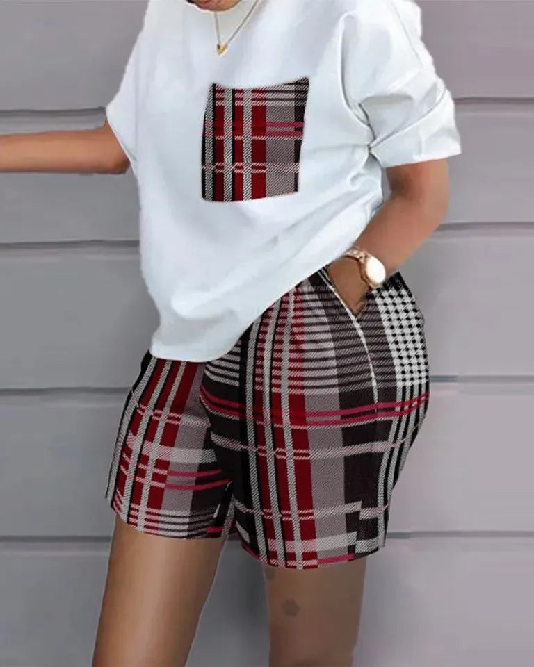 Ladies Casual Summer Two Piece Sets Printed Shorts Sets Women Round Neck Short Sleeve T Shirts Pullover High Waist Trousers Suit