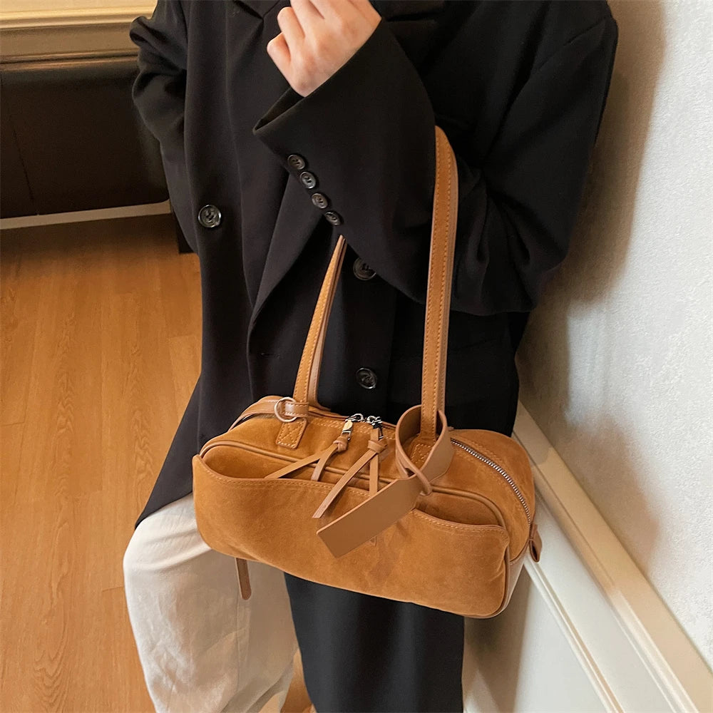 MOODS 2025 Autumn Latest Commute Shoulder Bags For Women PU Suede Pure Color Large Capacity Boston Bag Luxury Designer Handbags