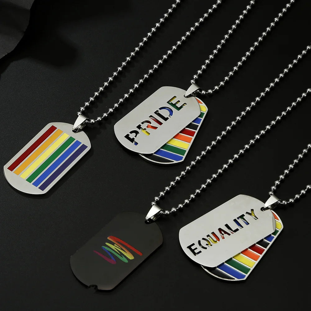 Stainless Steel LGBT Gay Lesbian Love Pride Necklaces Enamel Rainbow Flag Double Pendant Necklace