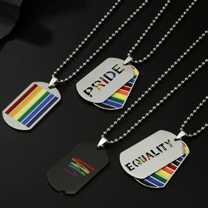 Stainless Steel LGBT Gay Lesbian Love Pride Necklaces Enamel Rainbow Flag Double Pendant Necklace