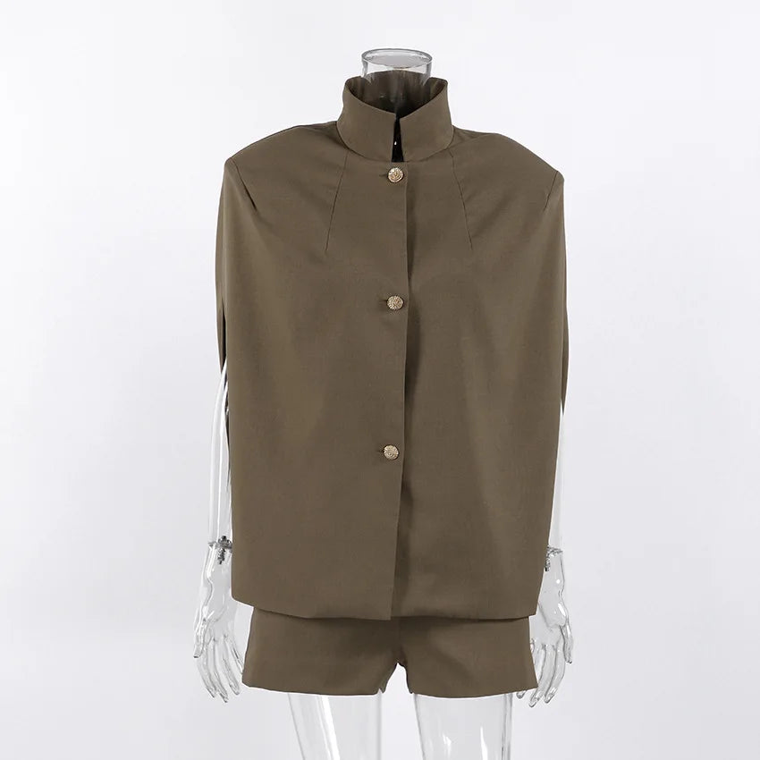 Two Piece Set Women Outfit 2026 New Spring Summer Retro Khaki Sleeveless Stand Collar Cape Sleeve Shirt Top & Casual Short Set