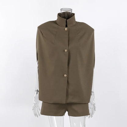 Two Piece Set Women Outfit 2026 New Spring Summer Retro Khaki Sleeveless Stand Collar Cape Sleeve Shirt Top & Casual Short Set