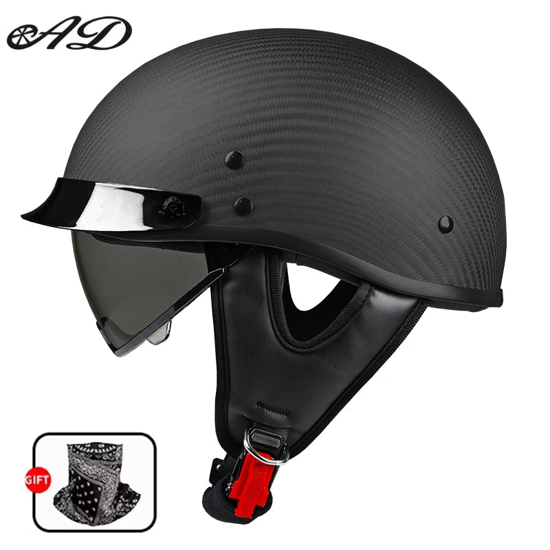   Best Seller Carbon Fiber Retro Motorcycle Half Face Helmet with Comfortable Lining Protective Goggles Helmet Factory Wholesale