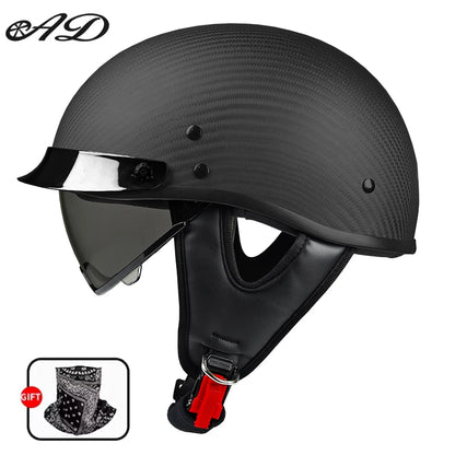    Best Seller Carbon Fiber Retro Motorcycle Half Face Helmet with Comfortable Lining Protective Goggles Helmet Factory Wholesale