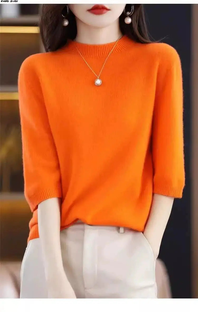 2026 New Soft Short Sleeve Women's Half High Neck Overhead Wool Blend Simple Loose Thin Seven Sleeve Woolen Sweater
