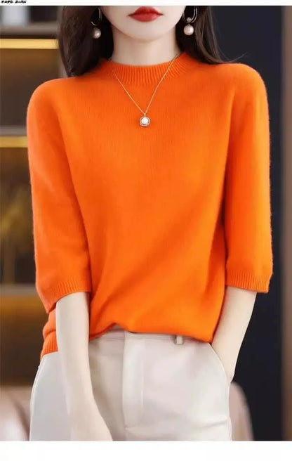 2026 New Soft Short Sleeve Women's Half High Neck Overhead Wool Blend Simple Loose Thin Seven Sleeve Woolen Sweater