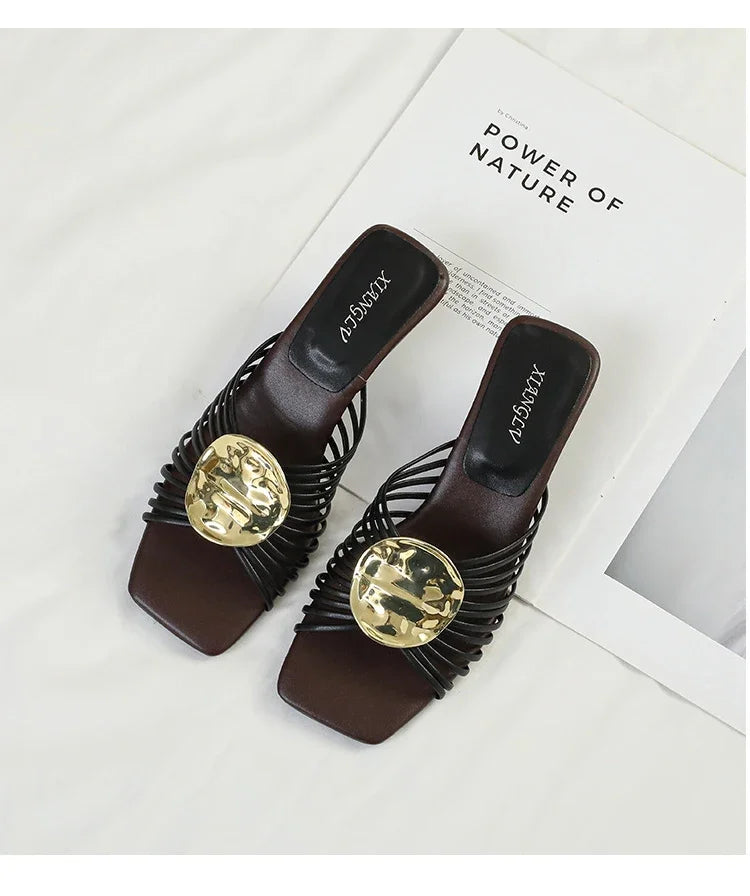 Luxury Designer Square Toe Slippers Heeled Sandals for Woman Shoes 2026 New Elegant Pumps Flip Flops Dress Summer Mujer Zapatos