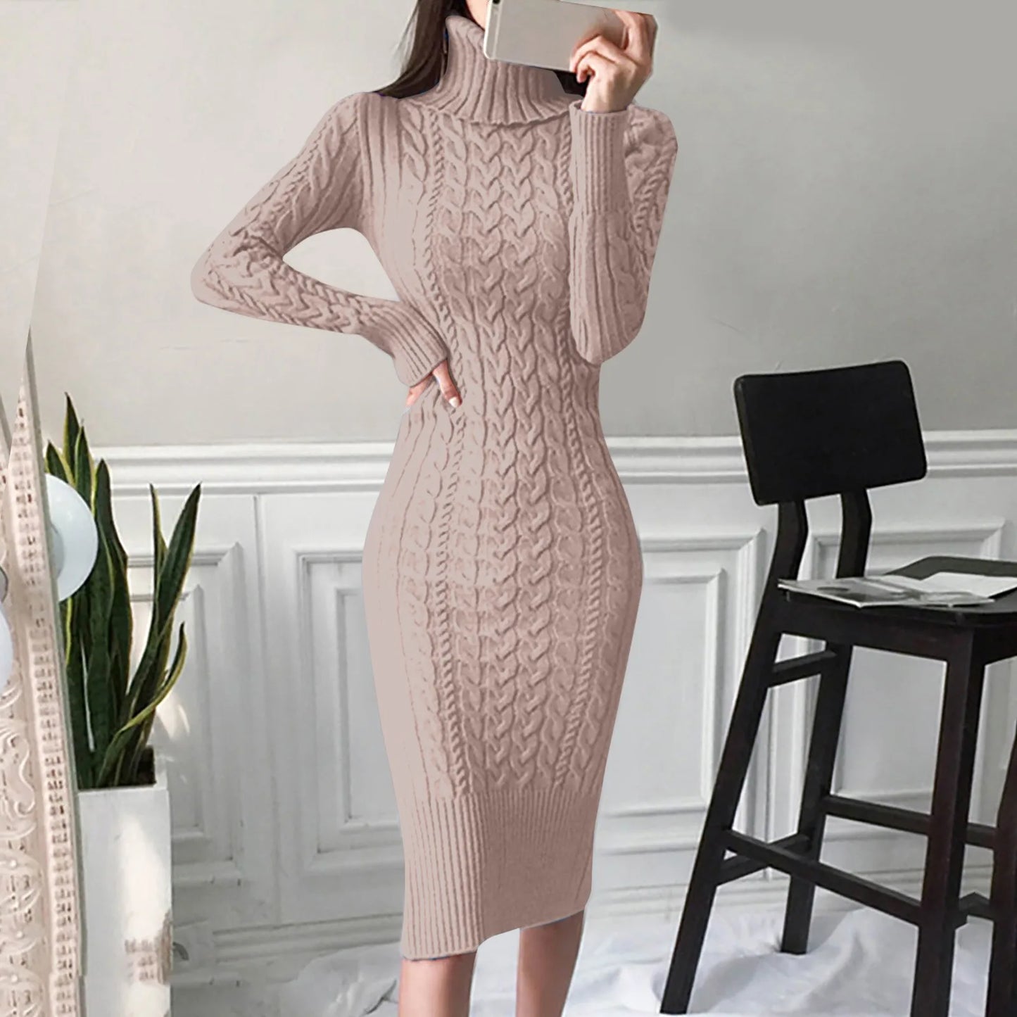 Autumn Winter Women Sweater Dresses Long Sleeve Turtleneck Dress Ladies Solid Color Knitted Bodycon Midi Dress Jumper Dresses