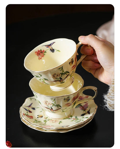 Flower and Bird Patterns Ceramic Cup&saucer Dining Table Coffee Mug Milk Cups Afternoon Tea Teacup Fruit Juice Container