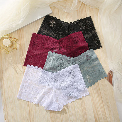 FINETOO 4pcs Lace Floral Boyshorts Underwear for Women Sexy Hollow Out Solid Panties Female Low-Waist Breathable Girls Lingerie