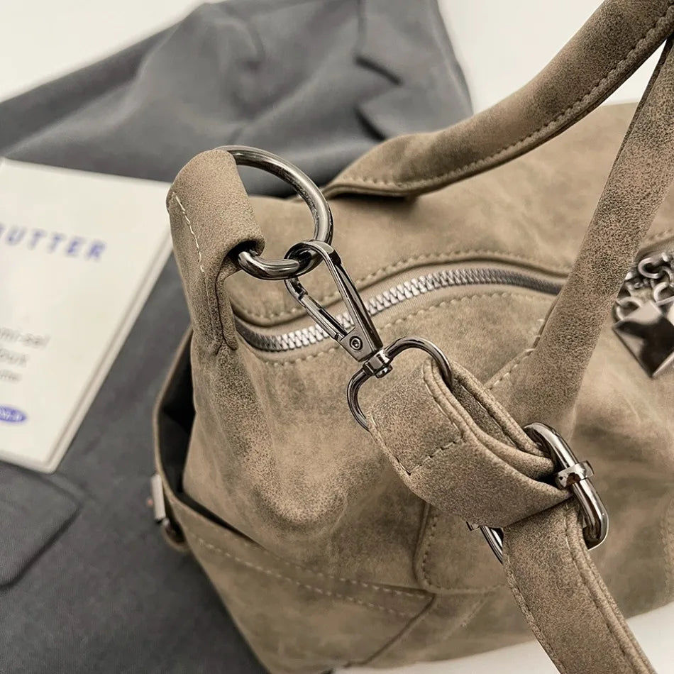 Retro Distressed Suede Texture Boston Hobo Bag Large Capacity Tote Handbag Shoulder Crossbody Bag for Women Daily Commute Trave
