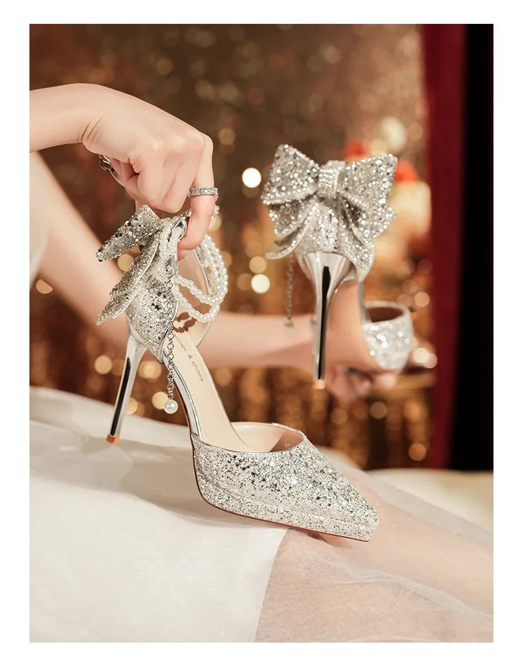 Shiny Glitter Bow Pearl Chain High Heels Wedding Banquet Dress Wedding Shoes Women's Shoes