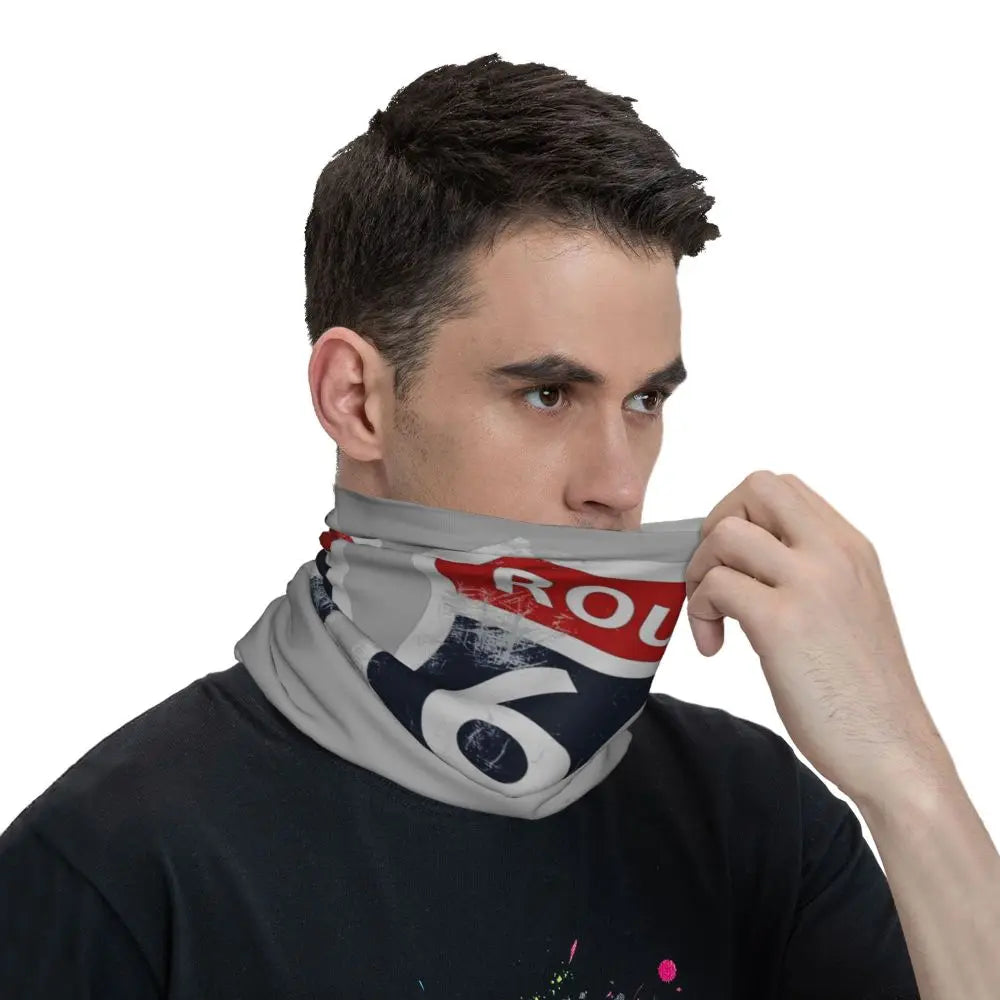 Custom Travel Motorcycle Ride Route 66 Bandana Winter Neck Warmer Windproof Wrap Face Scarf for Hiking Highways Gaiter Headband