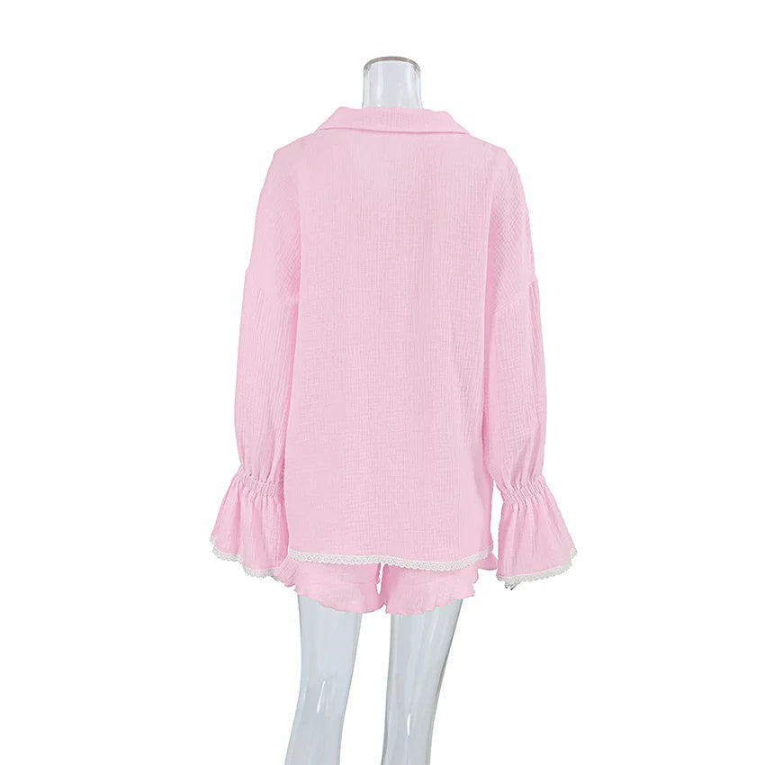 Casual Crape Cotton Pink Two Pieces Sets Women Lace Lantern Sleeve Shirts And Baggy Shorts Sleepwear Spring Summer
