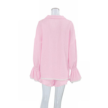 Casual Crape Cotton Pink Two Pieces Sets Women Lace Lantern Sleeve Shirts And Baggy Shorts Sleepwear Spring Summer