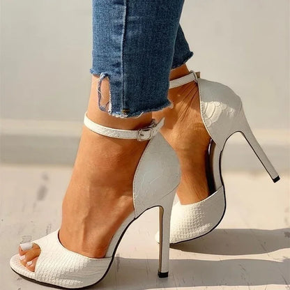Dress Wedding Shoes Women Ankle Strap Peep Toe High Heel Sandals Sexy White Super High Heels Buckle Snake Pattern Woman Pumps