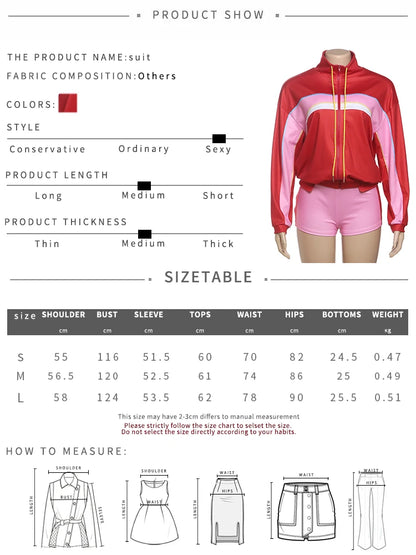 Sisterlinda Panelled Casual 2 Piece Set Hipster Sporty Sweet Zip-up High Collar Full Sleeve Coats+Elastic Waist Shorts Tracksuit